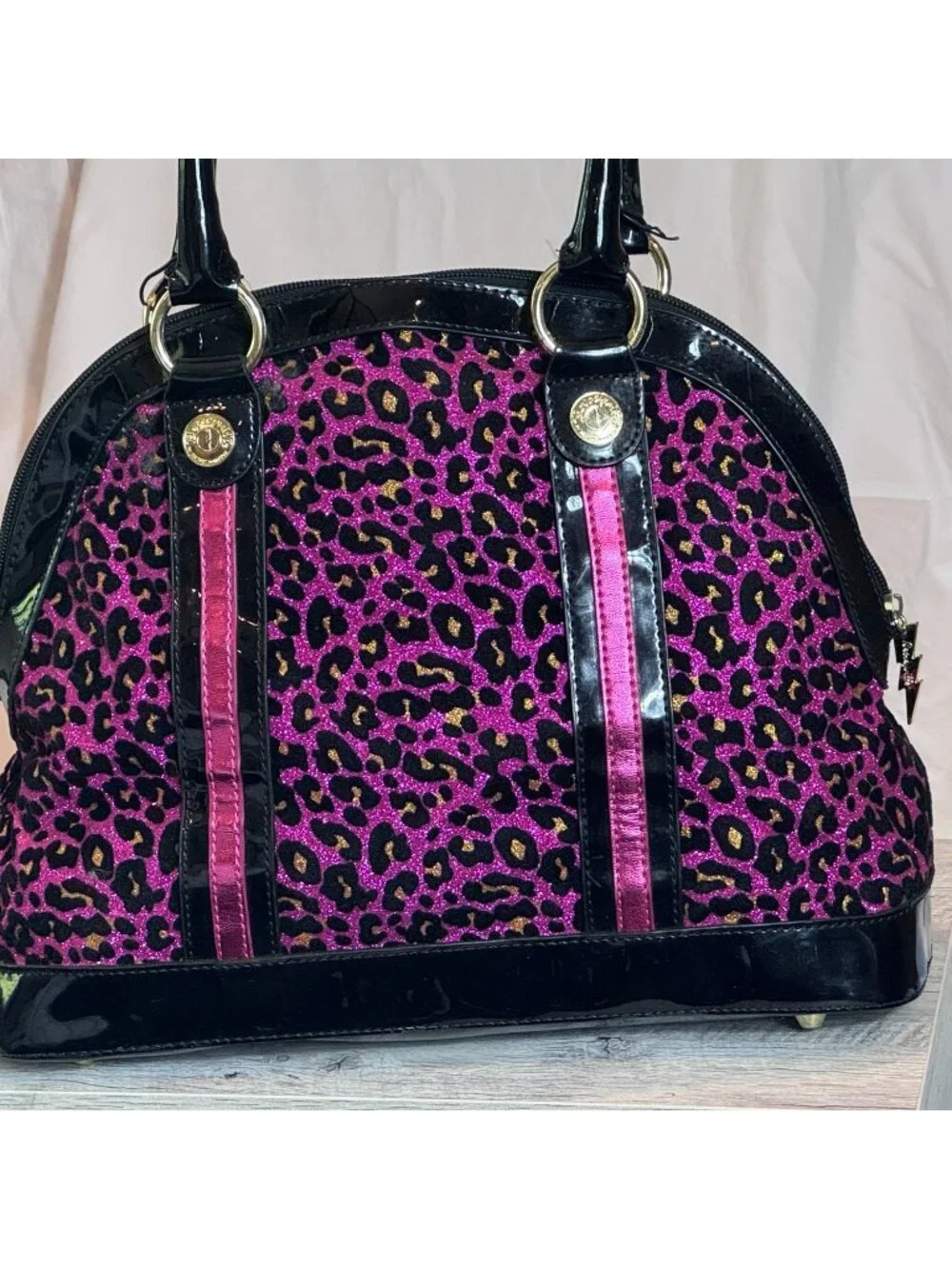 Betseyville by Betsey Johnson Pink Glitter Leopard Patent Dome Satchel Purse